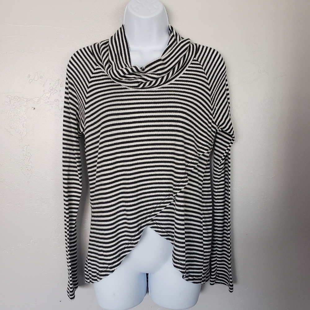 Maurices Women's Small Cowl Neck Wrap Around Top Black White Stripes Soft